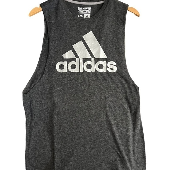 ADIDAS Women’s Dark Gray Heather Logo Shiny Foil Muscle Tank New With Tags - Picture 1 of 7
